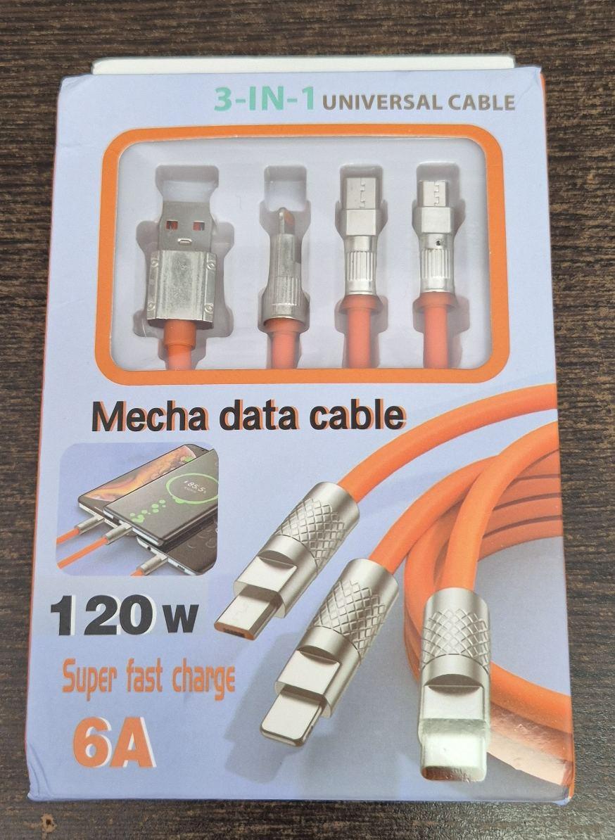 120W 6A Lightning, Type C ve USB uçlu kalın data kablosu