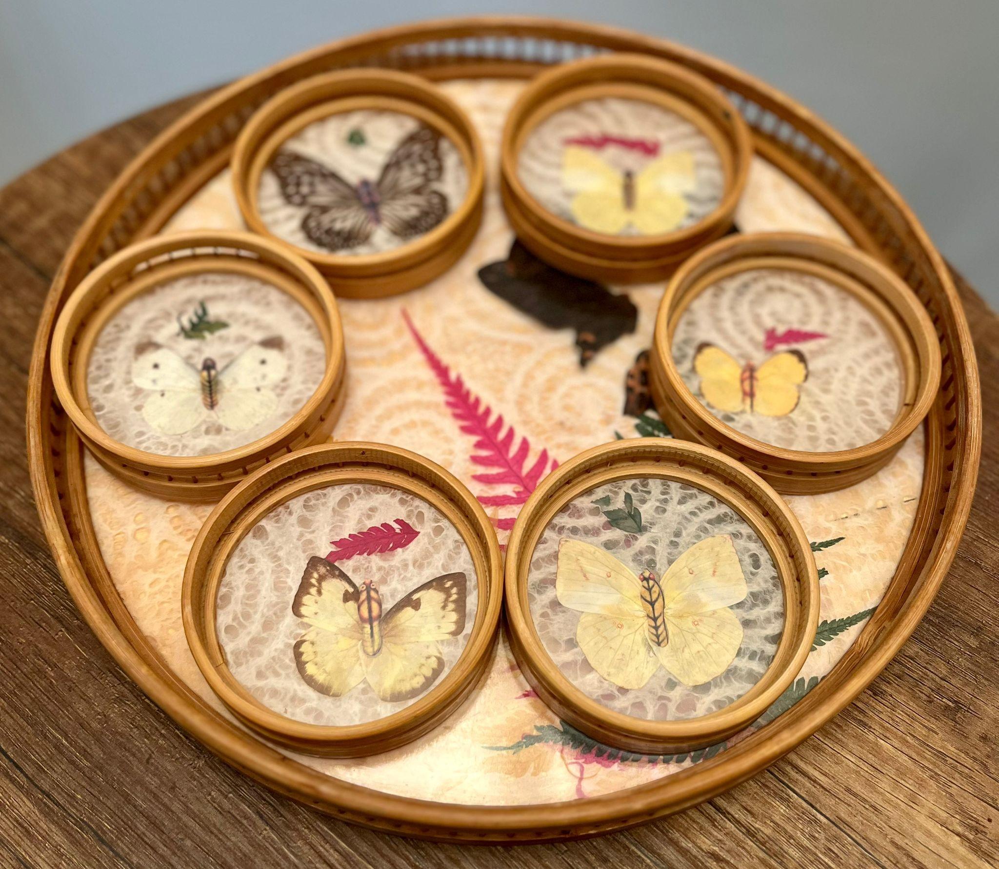 Vintage Gerçek Kelebekli Bambu Tepsi & Bardak Altığı Seti